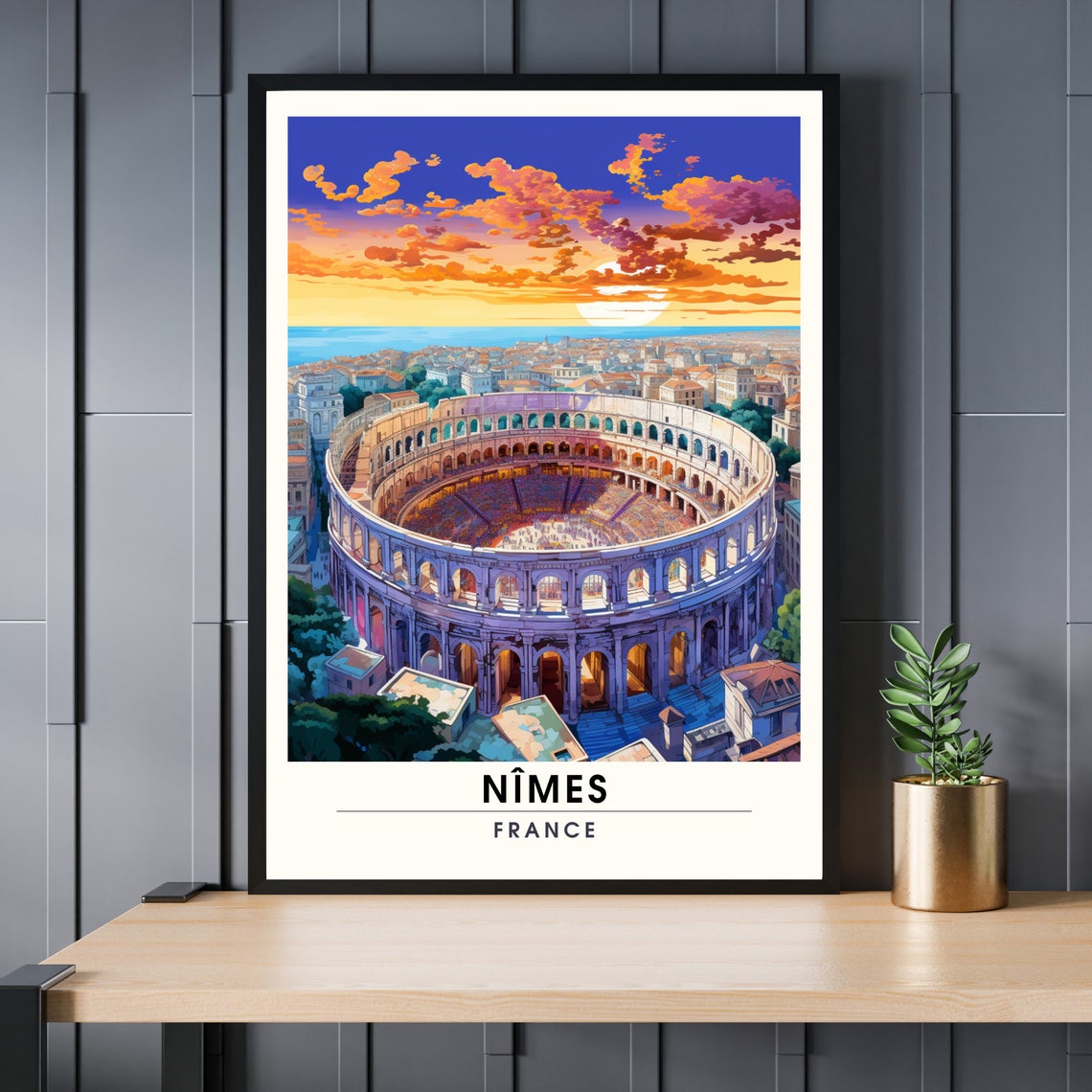 Nimes France Roman Arena Amphitheater Sunset Vintage Travel Poster