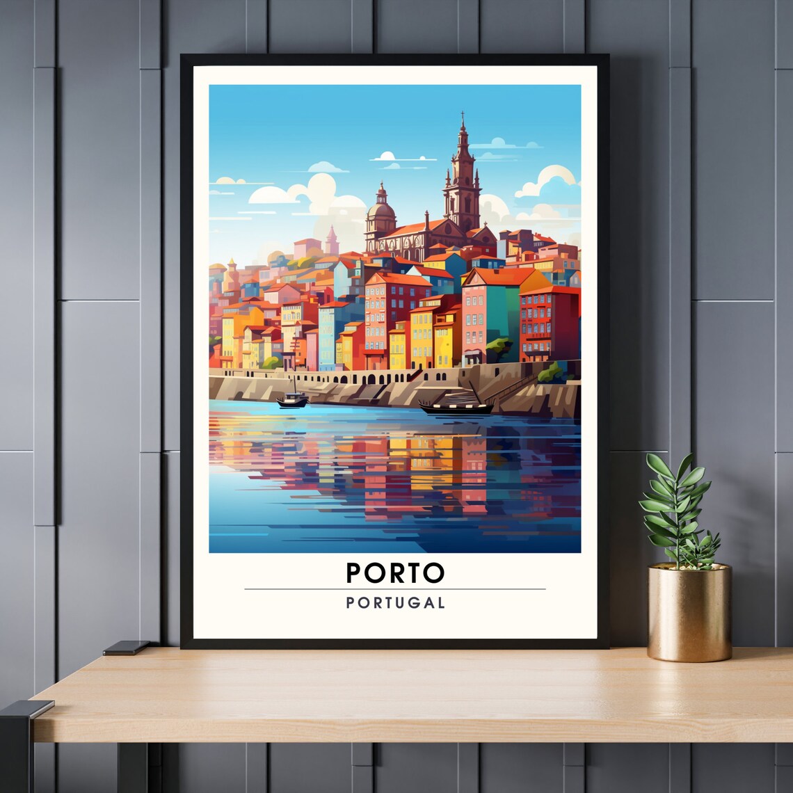 Porto Portugal Riverside Old Town Colorful Houses Travel Poster