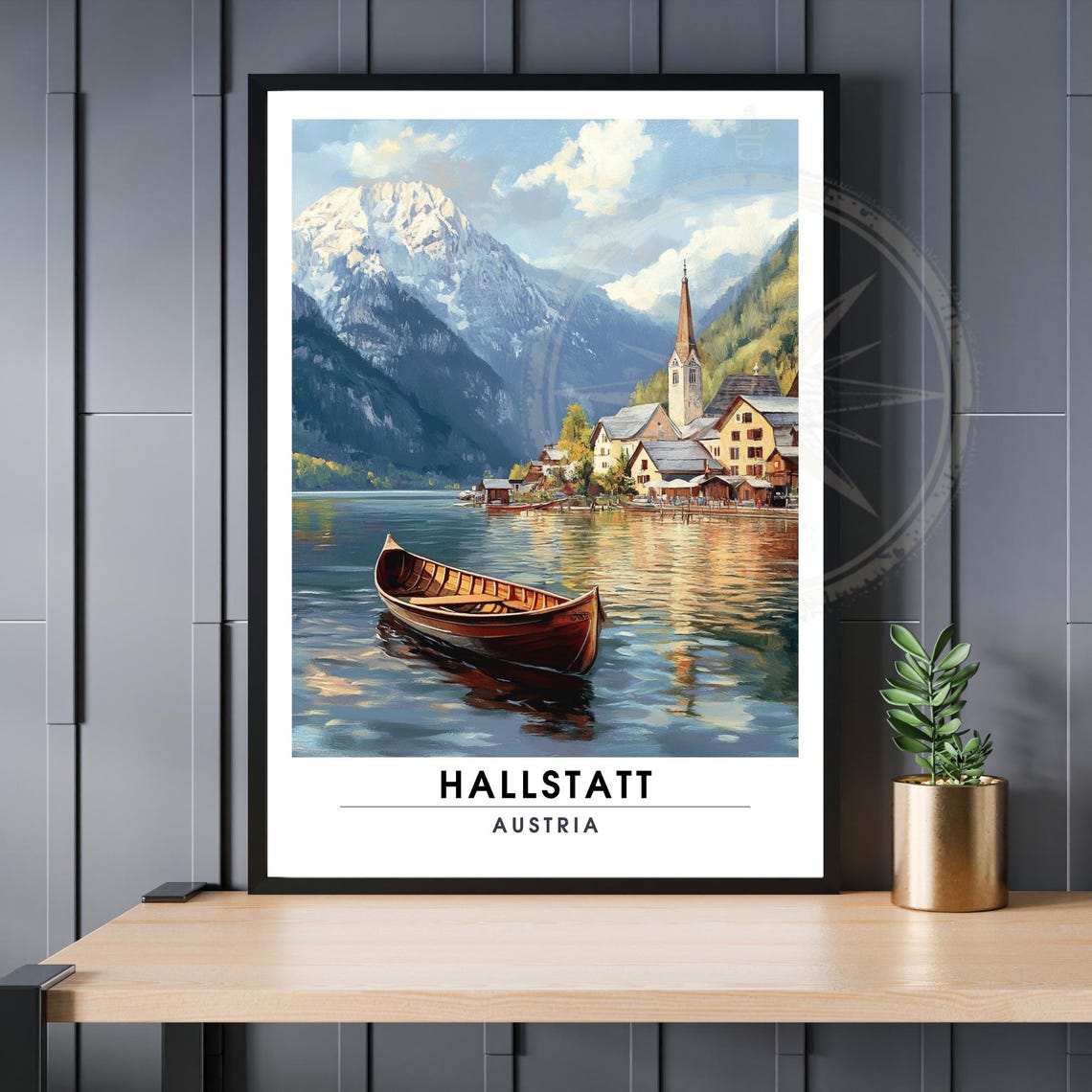 Hallstatt Austria Wooden Boat Lake Reflection Alpine Travel Poster