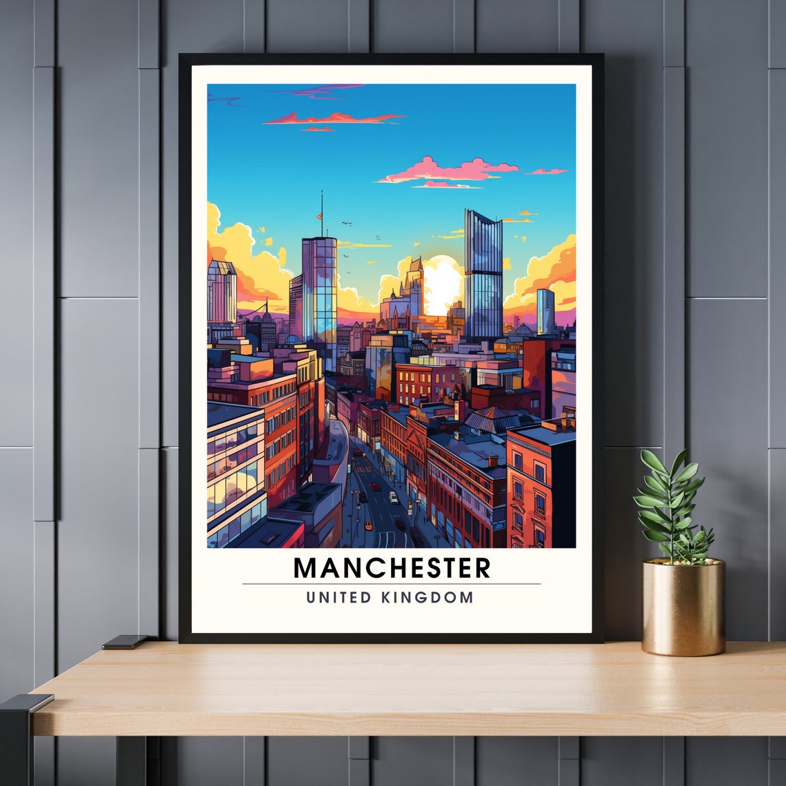 Manchester England Colorful City Skyline Sunset Travel Poster