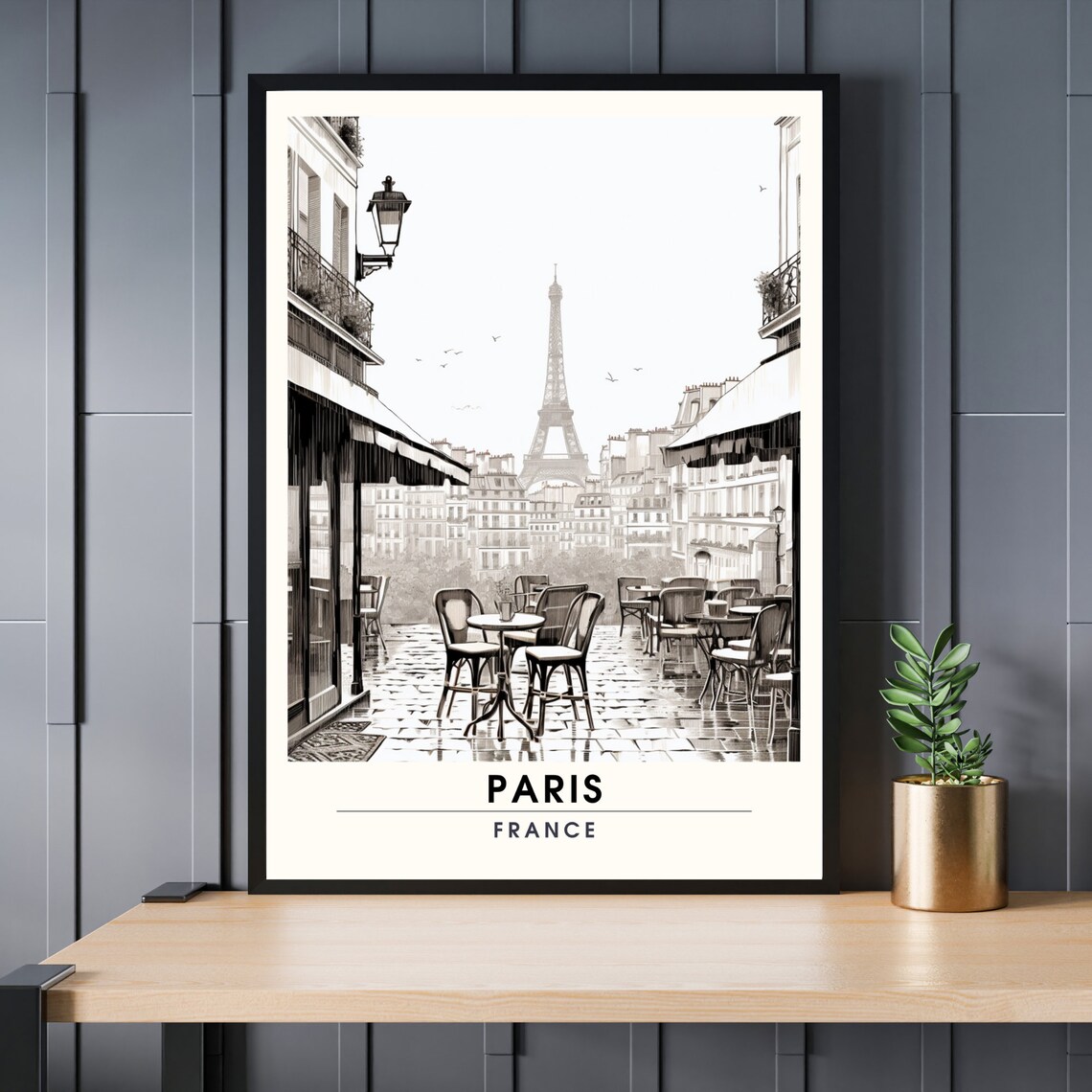 Paris France Eiffel Tower Cafe Terrace Black and White Vintage Poster