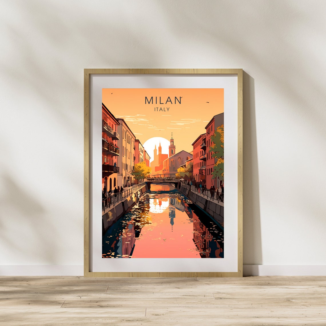 Milan Navigli Canal Sunset Reflection Italy Travel Art Poster