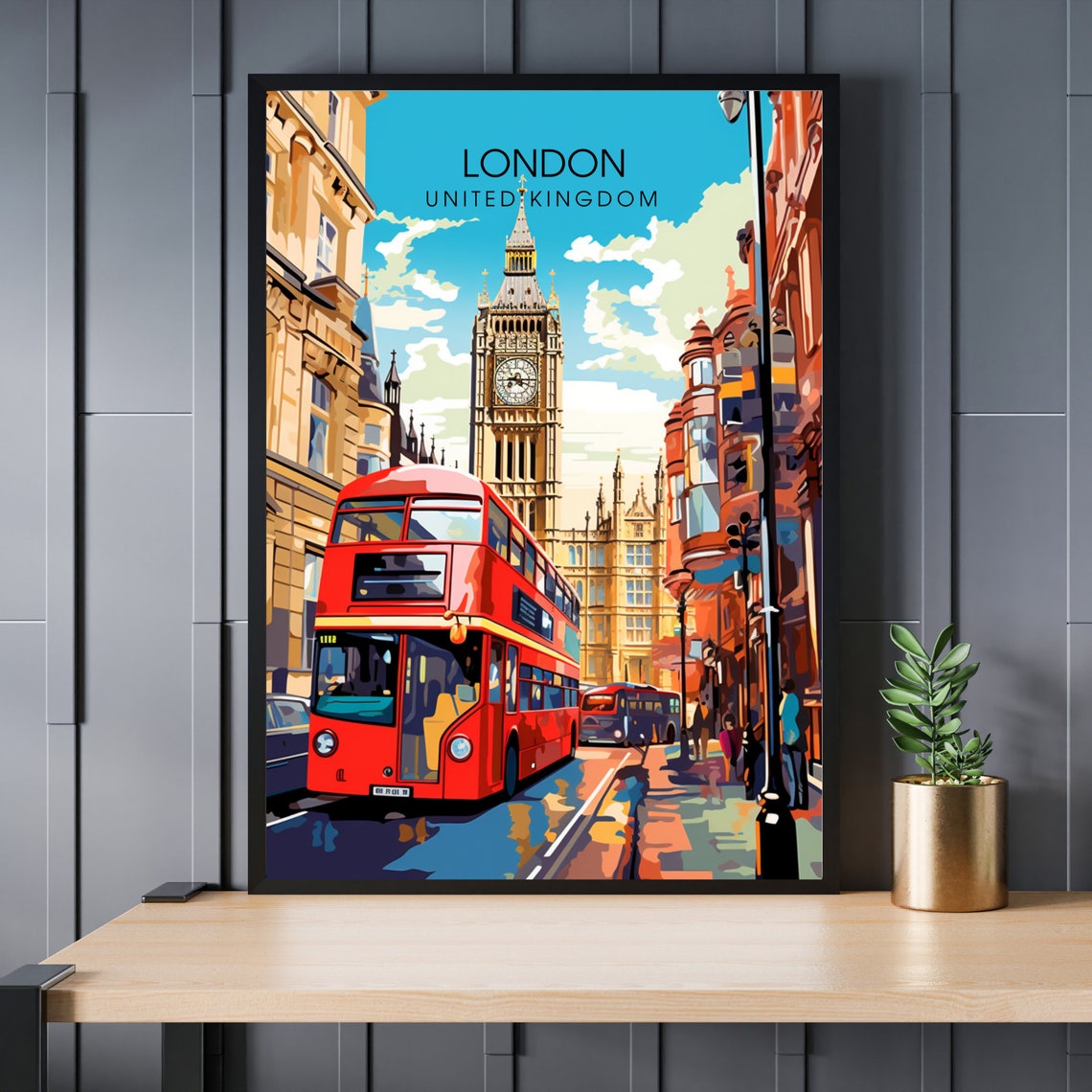 London Big Ben Red Double Decker Vibrant Street Scene Travel Poster