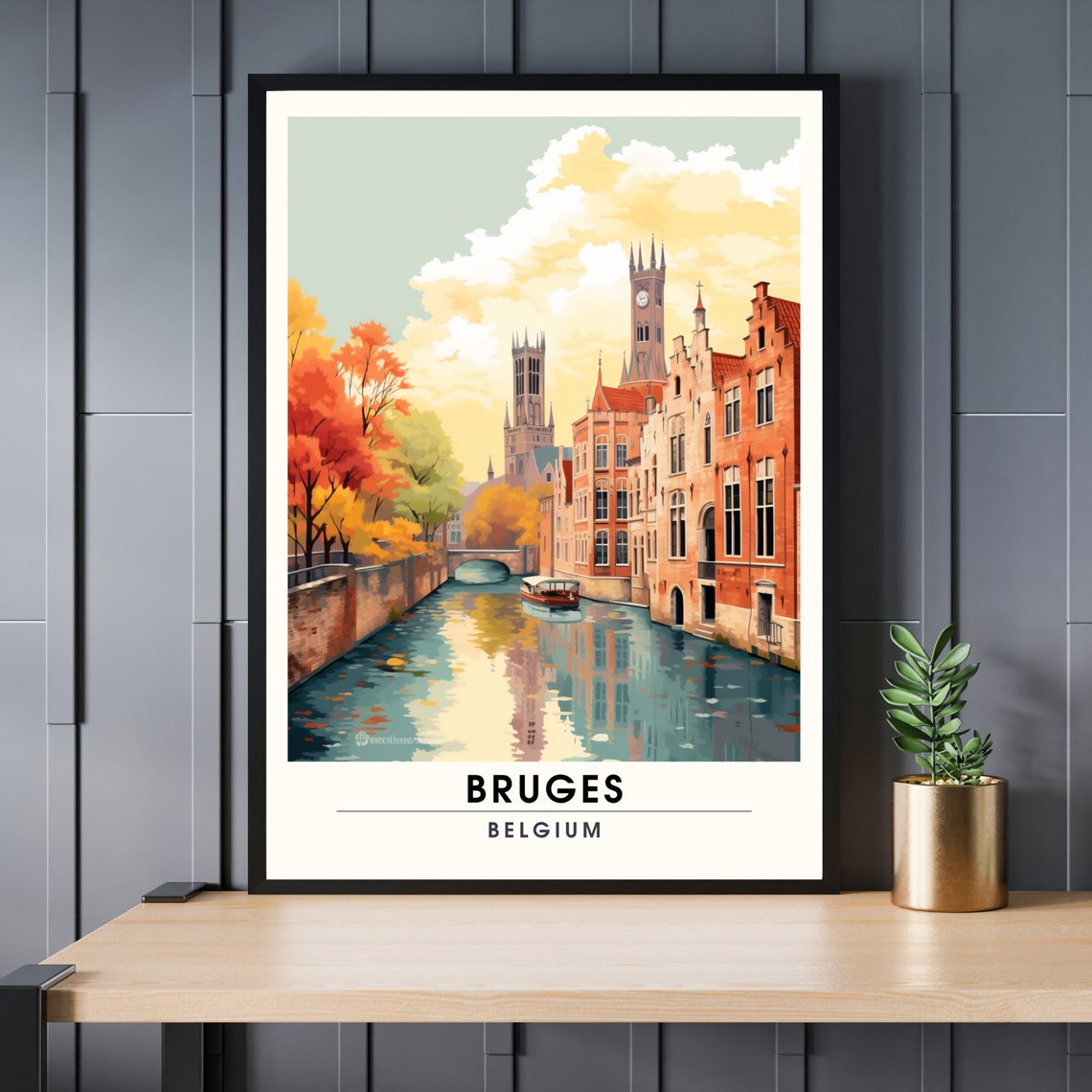 Bruges Belgium Autumn Canal Belfry Boat Historic Travel Poster