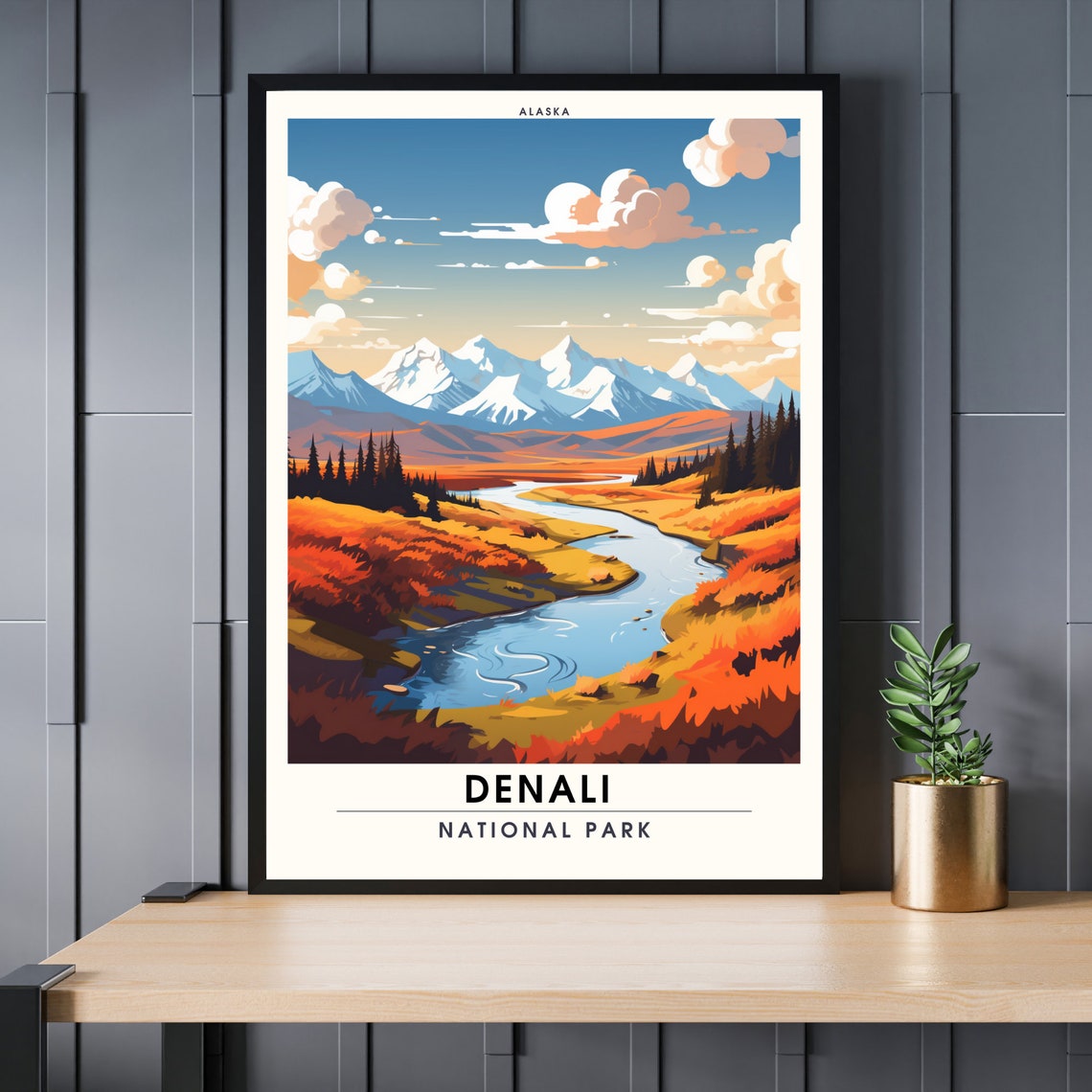 Denali National Park Alaska Autumn River Valley Scenic Poster