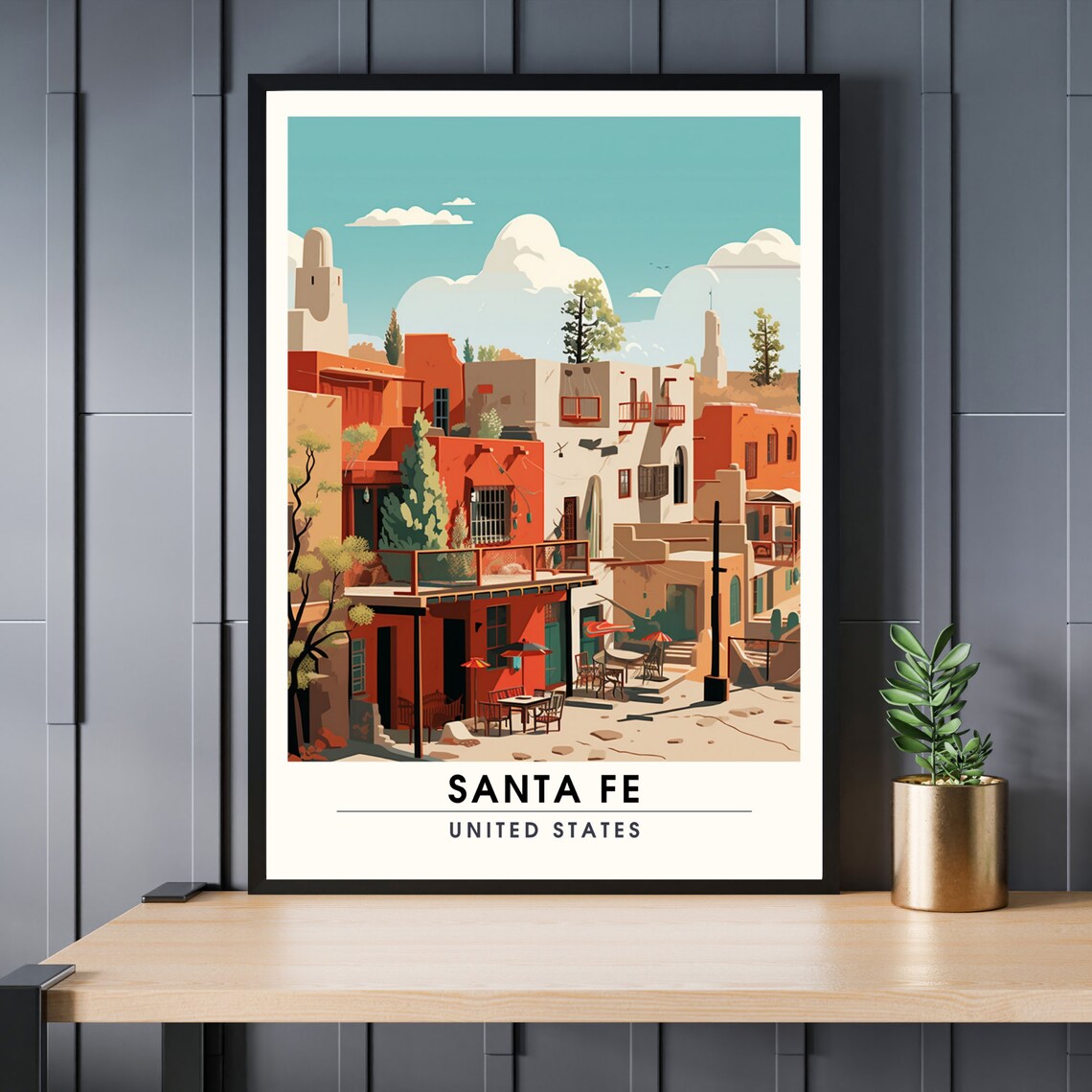 Santa Fe New Mexico Adobe Pueblo Cafe Southwest Vintage Travel Poster
