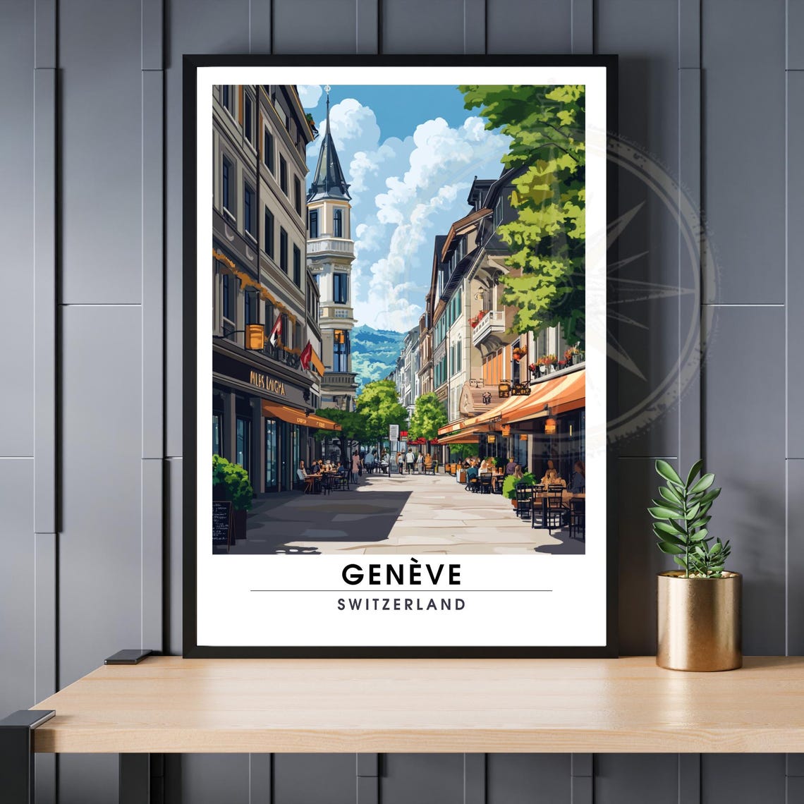 Geneve Switzerland Tree Lined Avenue Cafe Terraces Travel Poster