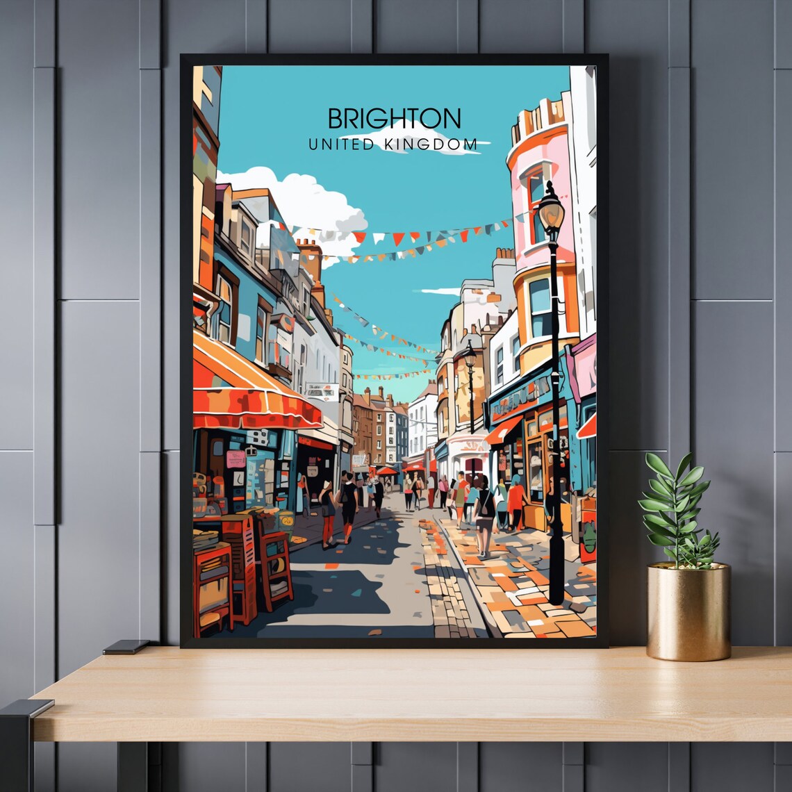 Brighton England Colorful Shopping Street Boutiques Travel Poster