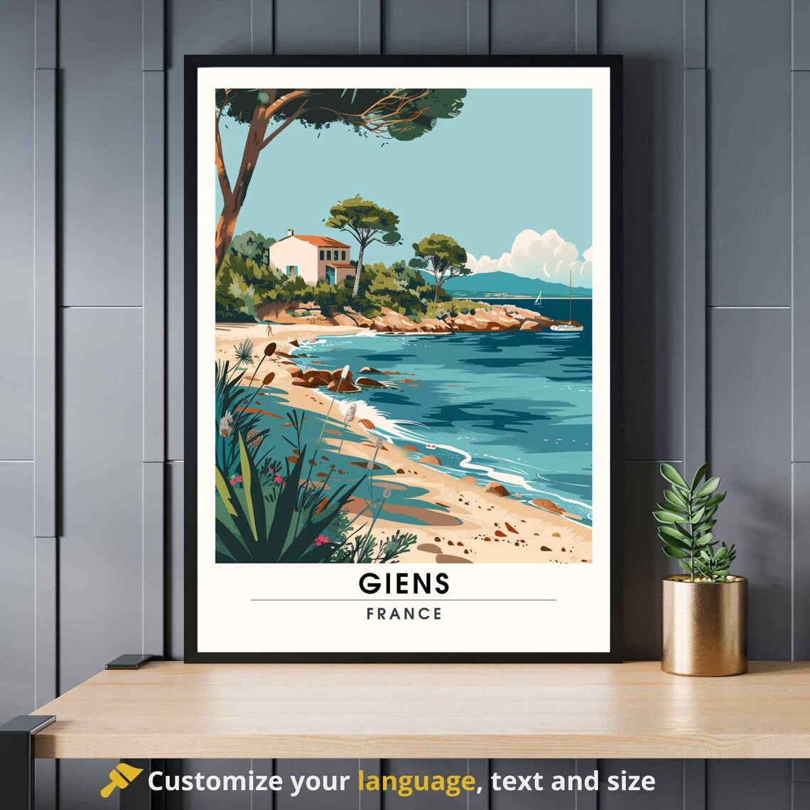 Giens France Mediterranean Beach Pine Trees Sailboats Travel Poster