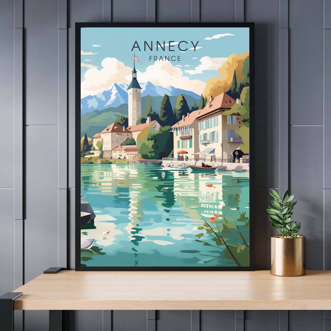 Annecy Lake Alpine Mountains Canal France Vintage Travel Poster
