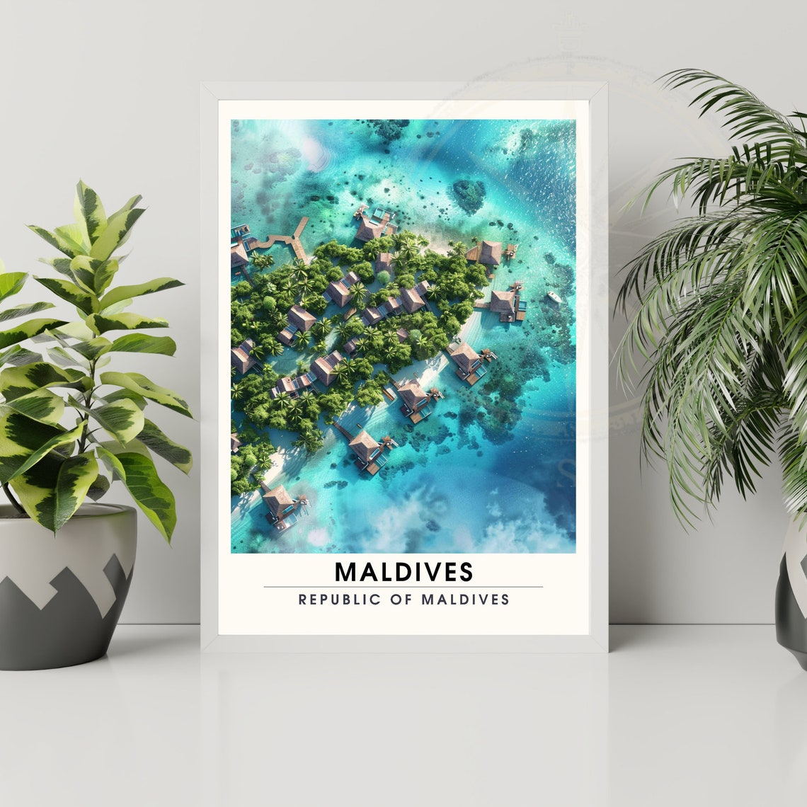 Maldives Republic Island Aerial Lush Palms Overwater Resort Poster