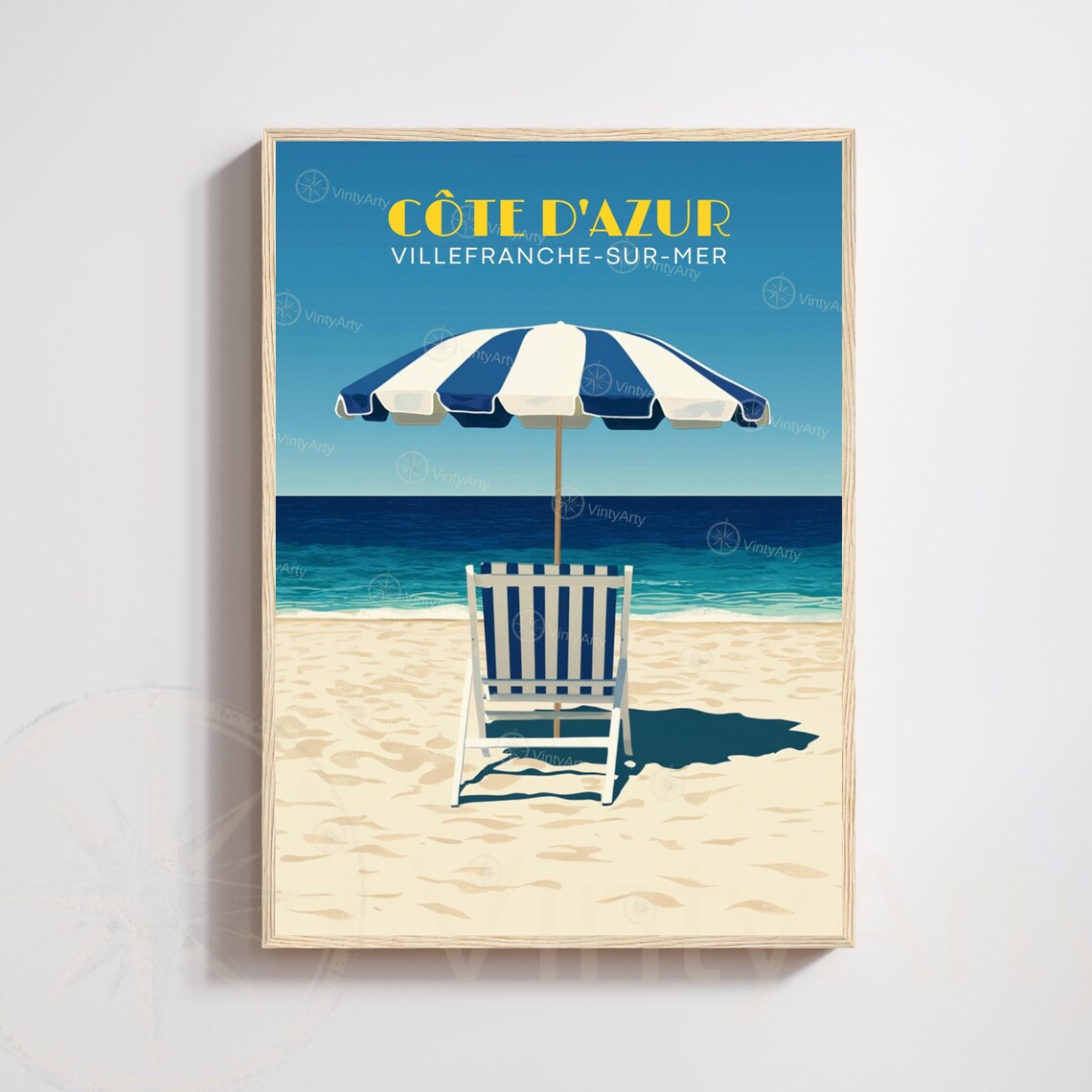 Cote d'Azur Villefranche-sur-Mer Beach Umbrella Chair Ocean Poster