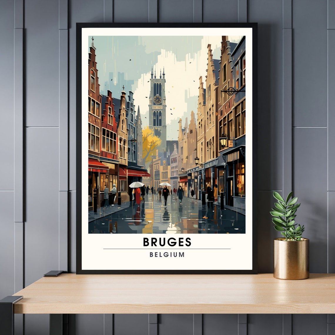 Bruges Belgium Rainy Medieval Street Belfry Tower Travel Poster
