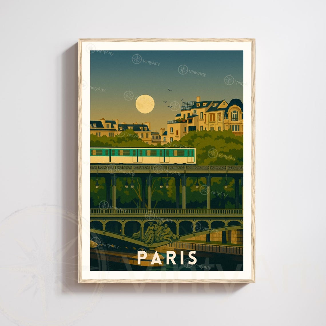 Paris Metro Train Bridge Moonlit Night Vintage France Travel Poster