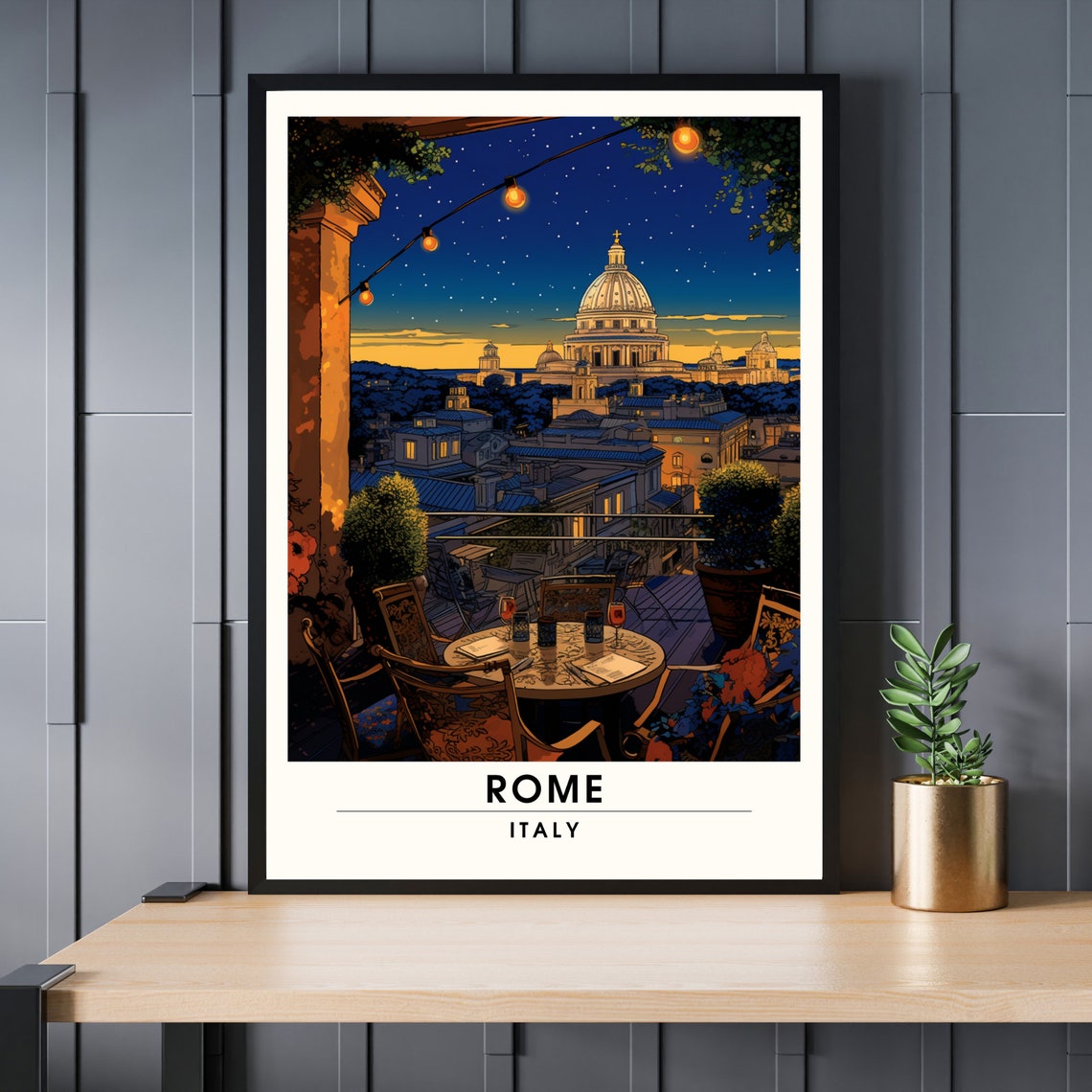 Rome Italy Rooftop Terrace Night St Peters Dome City Lights Poster