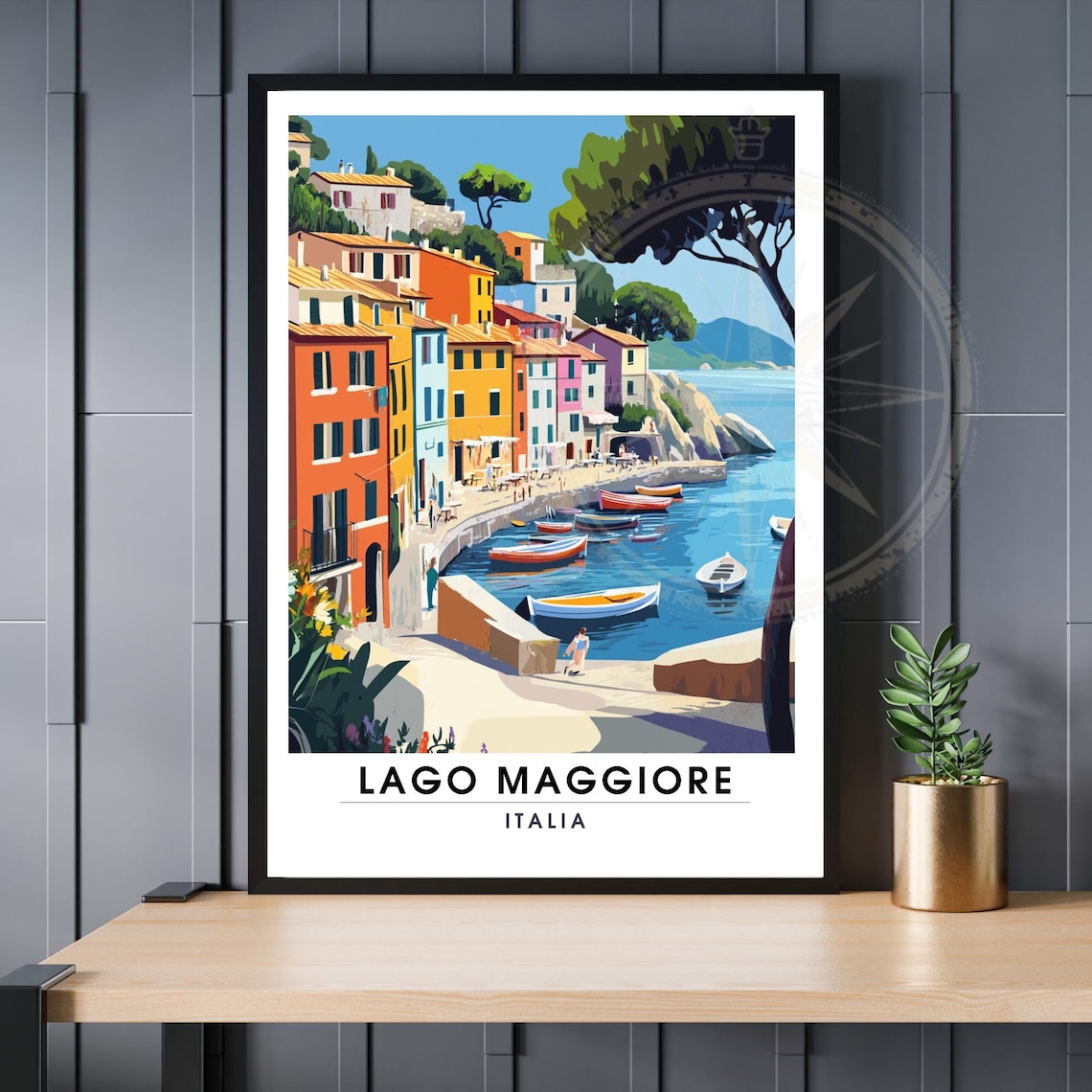 Lago Maggiore Italia Colorful Lakeside Village Boats Travel Poster