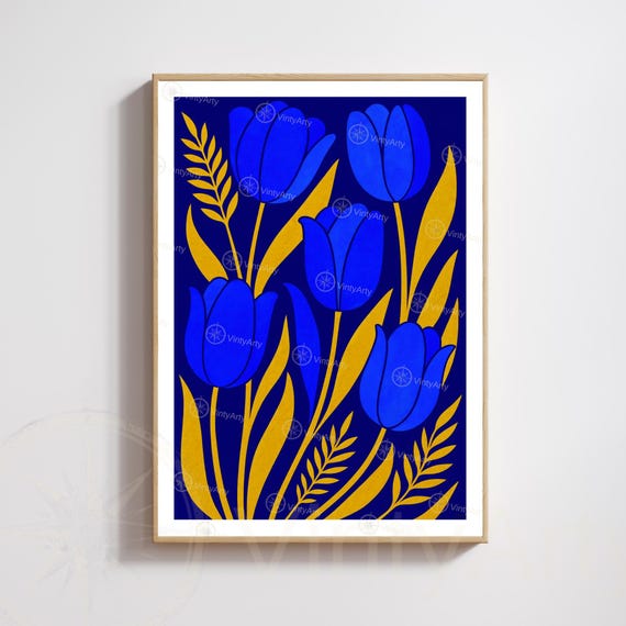Blue And Gold Tulips Print Modern Botanical Poster Floral Wall Art