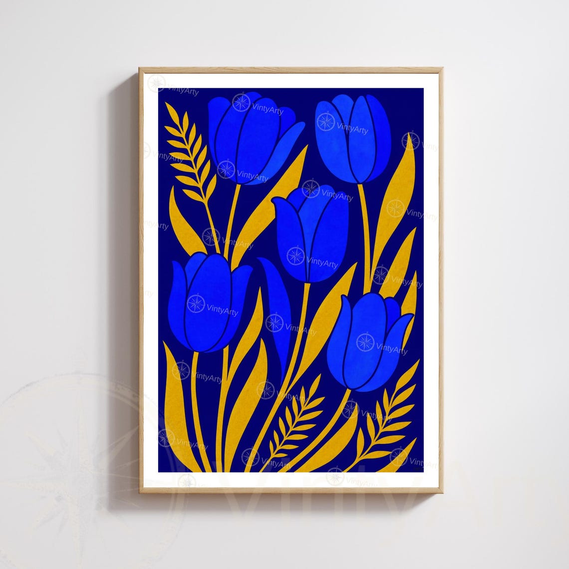 Blue And Gold Tulips Print Modern Botanical Poster Floral Wall Art