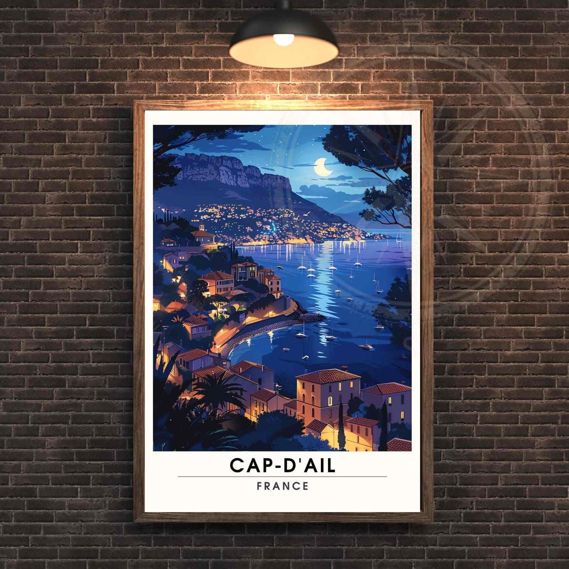 Cap-D'Ail France Night Harbor Crescent Moon Starry Bay Travel Poster