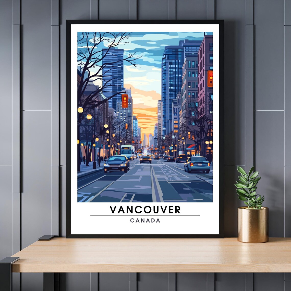 Vancouver Canada Downtown City Street Sunset Skyline Travel Poster