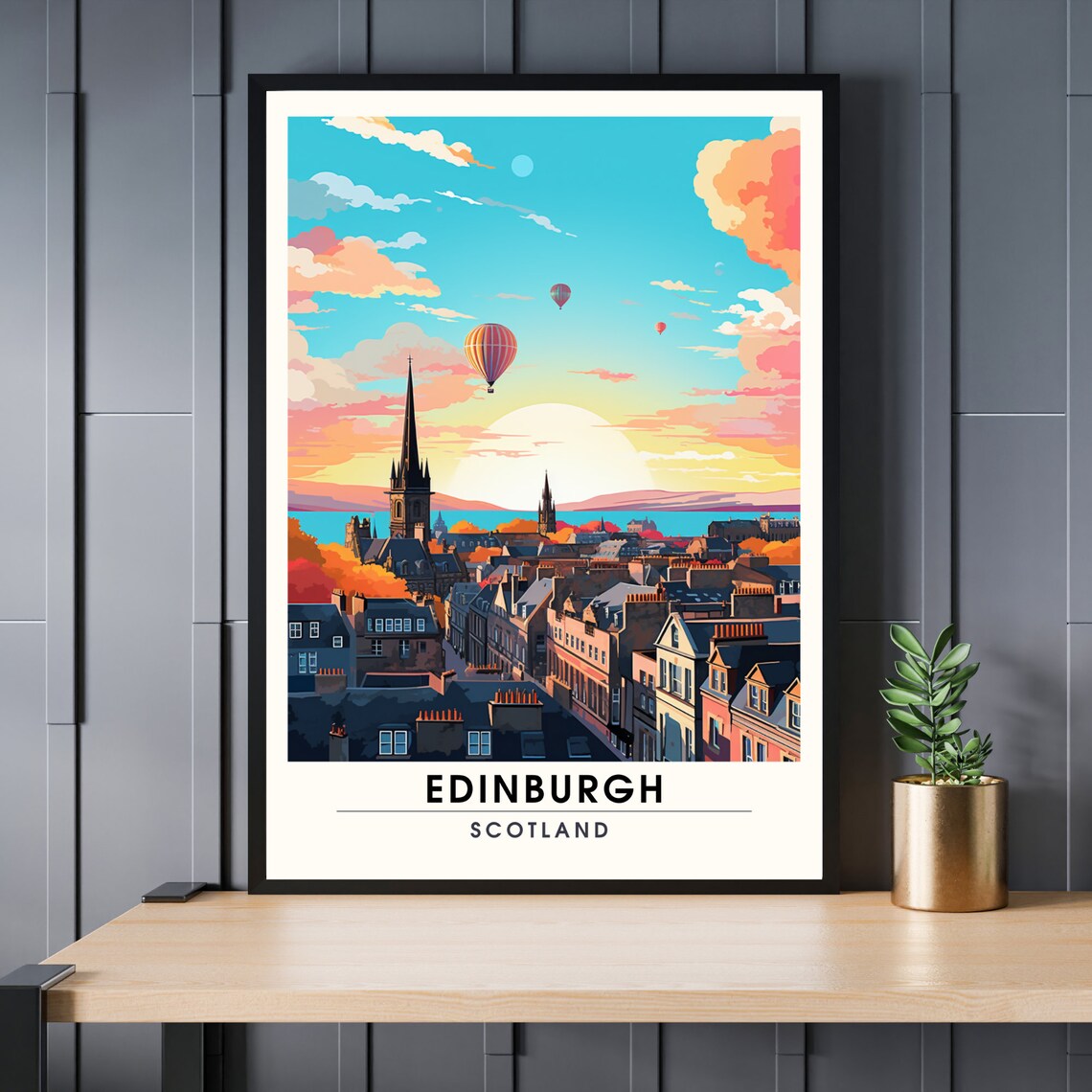 Edinburgh Scotland Sunset Skyline Hot Air Balloons Travel Art Poster