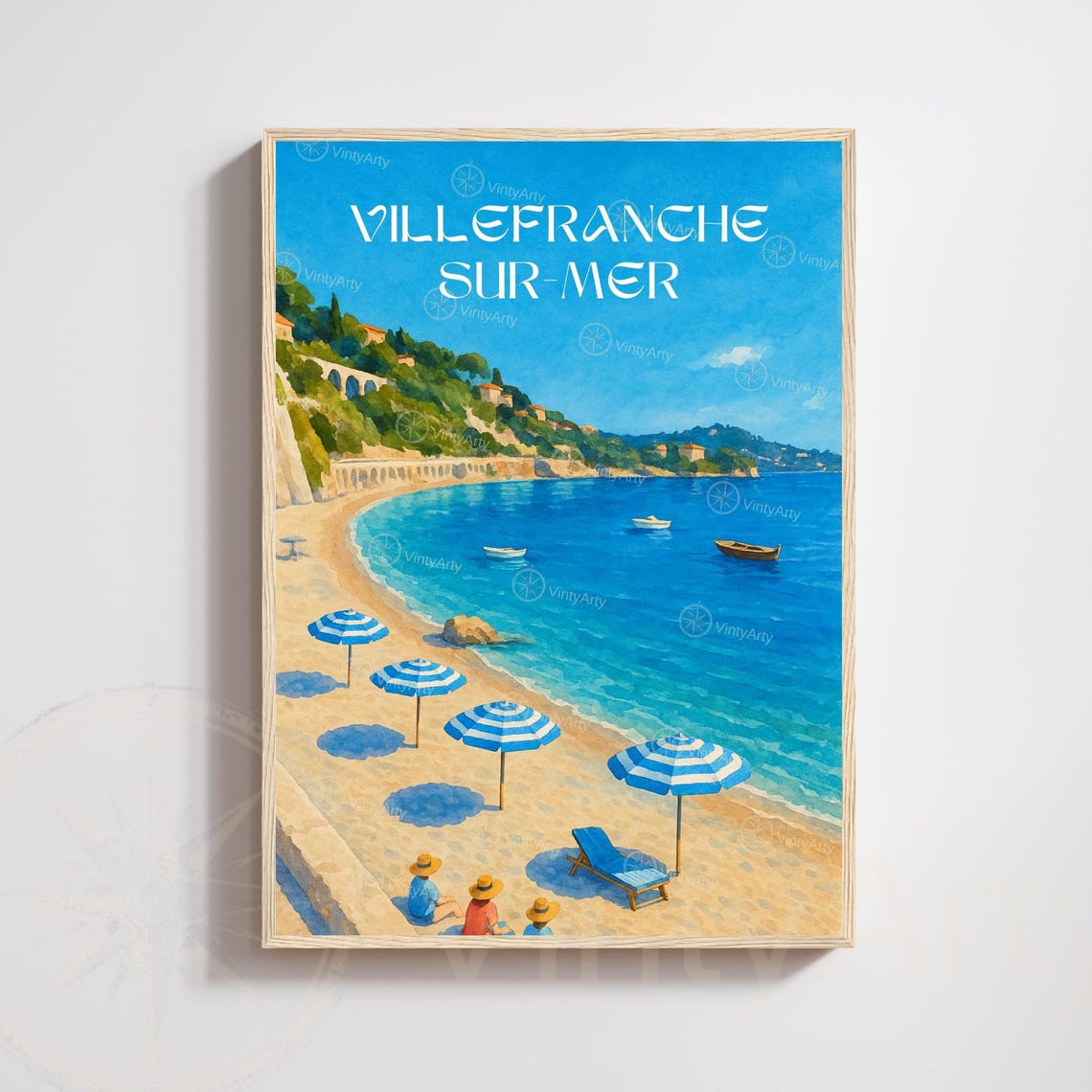 Villefranche sur-Mer Sandy Beach Striped Umbrellas Boats Art Poster