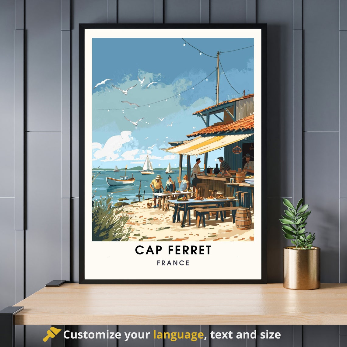 Cap Ferret France Oyster Huts Seaside Beach Vintage Travel Poster
