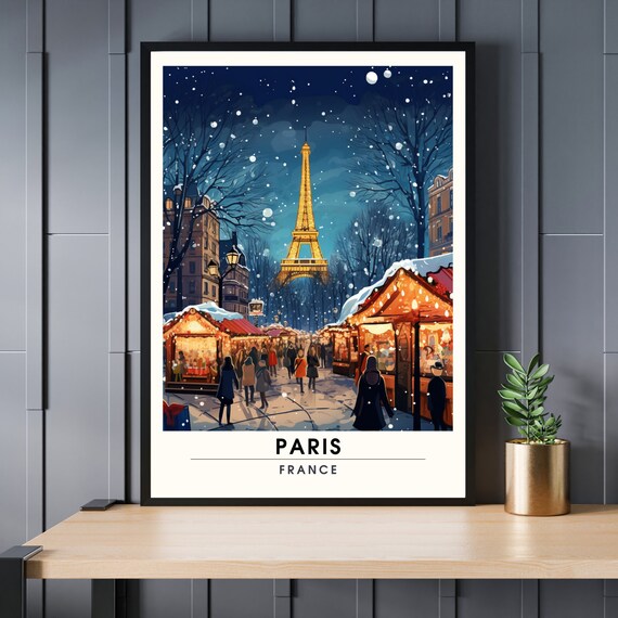 Paris Christmas Market Eiffel Tower Snowy Night Travel Poster Art