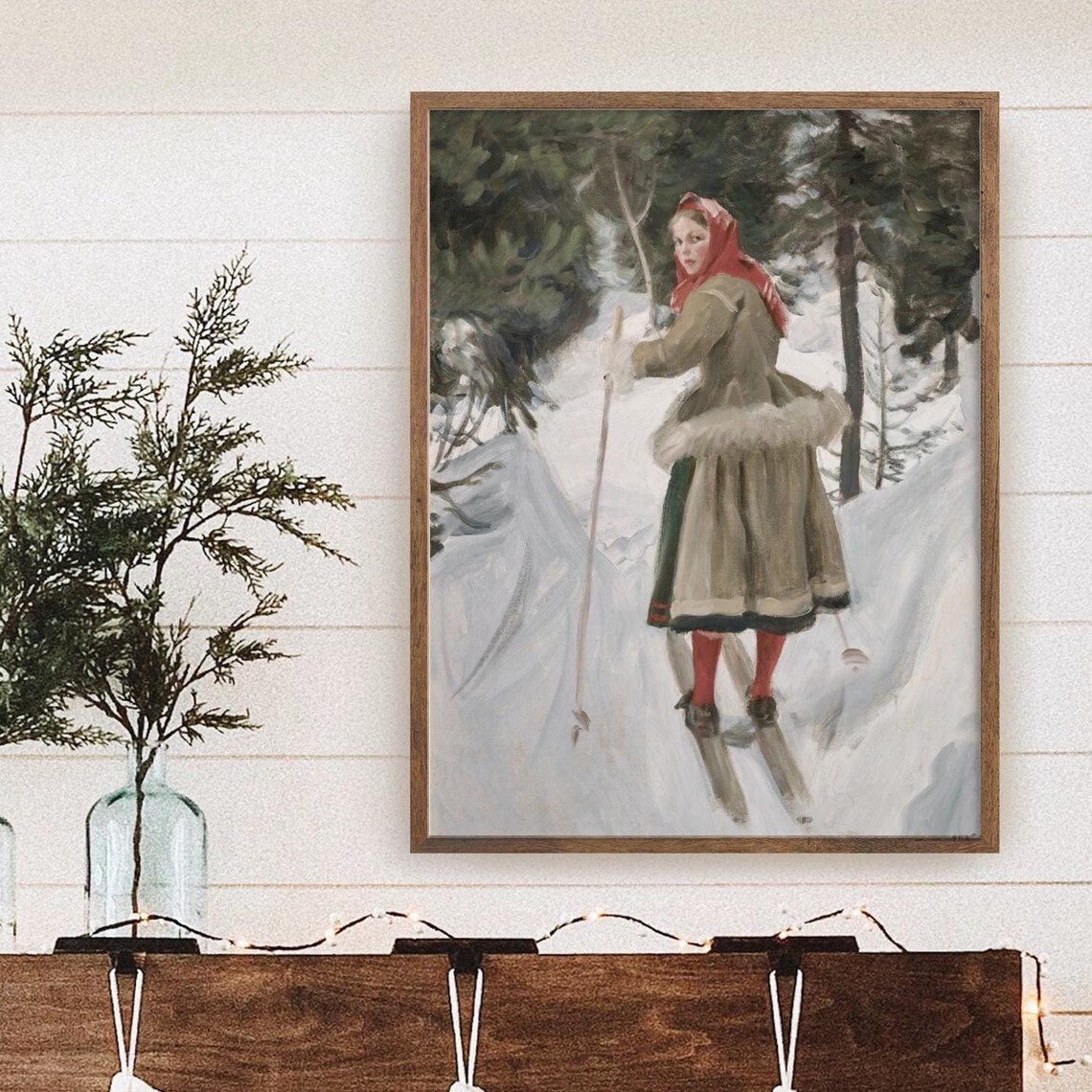 Woman Skiing Through Snowy Forest Vintage Winter Oil Painting Art Poster - Image 4