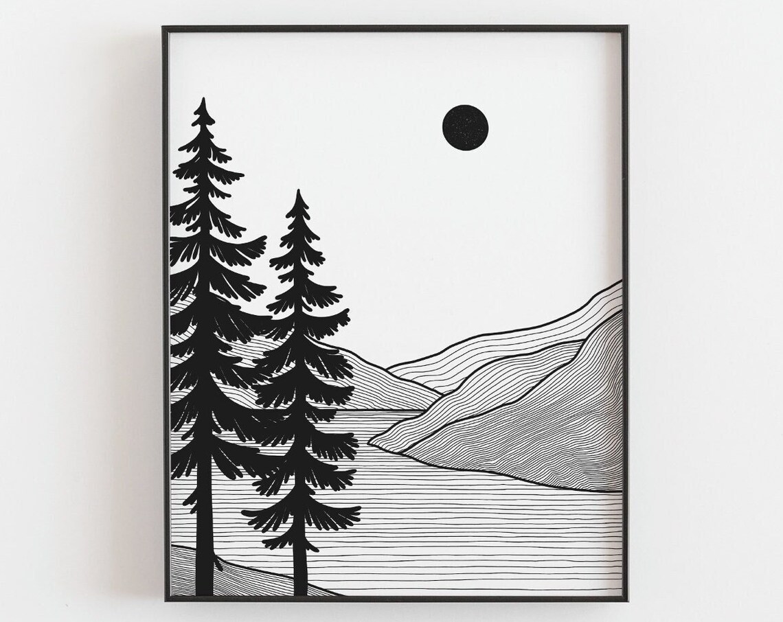 Sunset Over the Mountain Line Art Poster