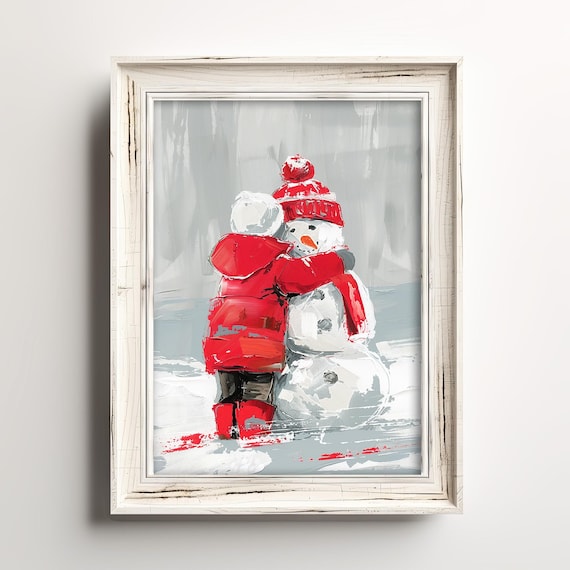 Cute Boy Hugs His Snowman, Winter Art Print