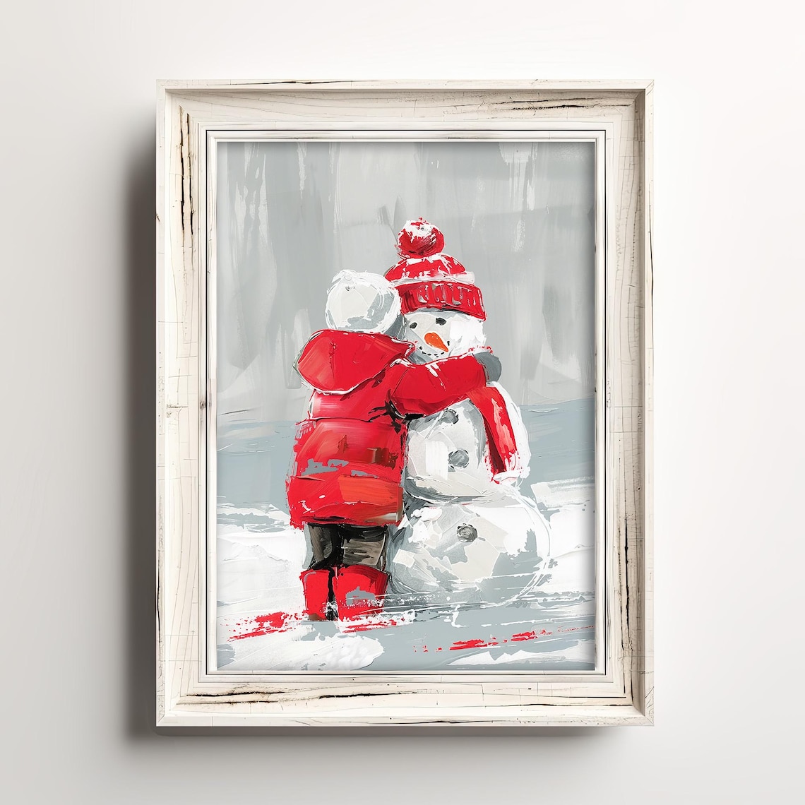 Cute Boy Hugs His Snowman, Winter Art Print