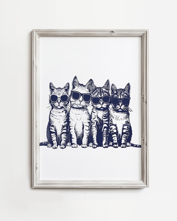 Funny Four Tabby Cats In Sunglasses Navy Ink Sketch Wall Art