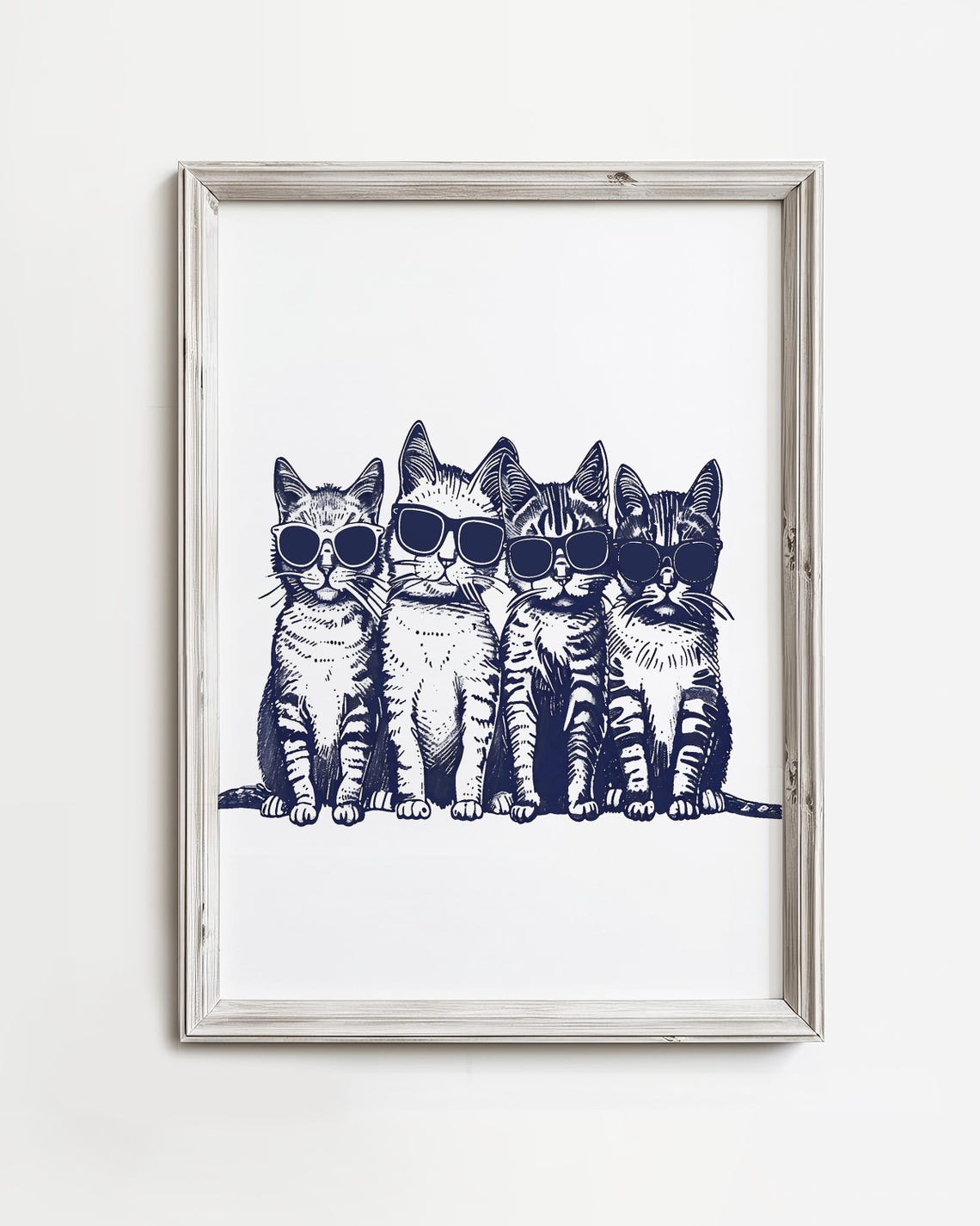 Funny Four Tabby Cats In Sunglasses Navy Ink Sketch Wall Art