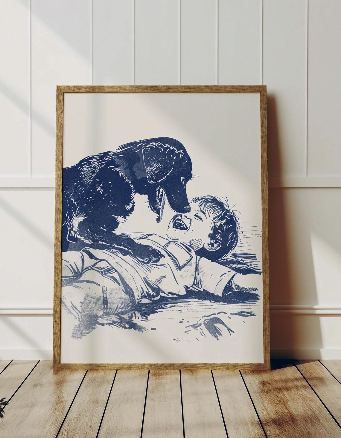 Boy And Dog Playful Moment Blue Ink Sketch Vintage Style Poster