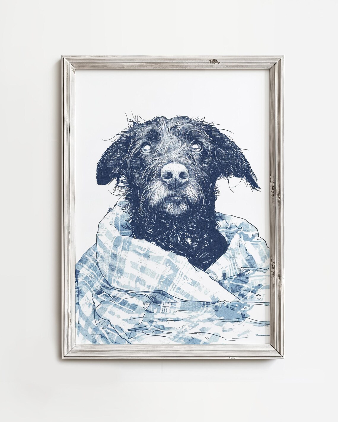Cozy Shaggy Dog Wrapped In Blanket Navy Ink Sketch Art Poster