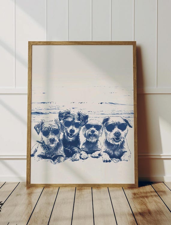 Border Terriers In Shades Dog Day At Beach Coastal Sketch Funny Whimsical Cute Dogs Home Wall Art Blue Print