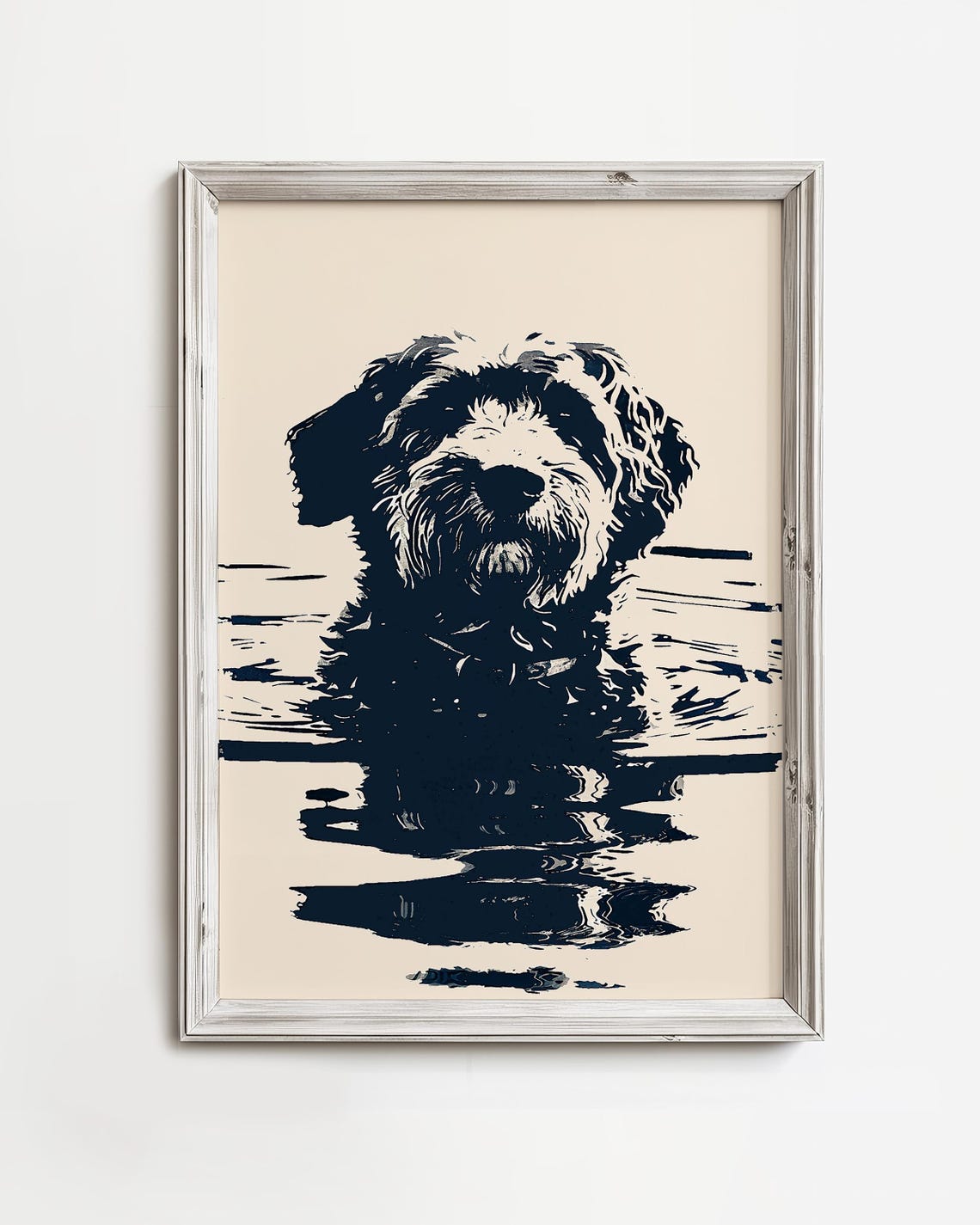 Swimming Doodle Dog Enjoying Lake Day Coastal Navy Ink Art Poster