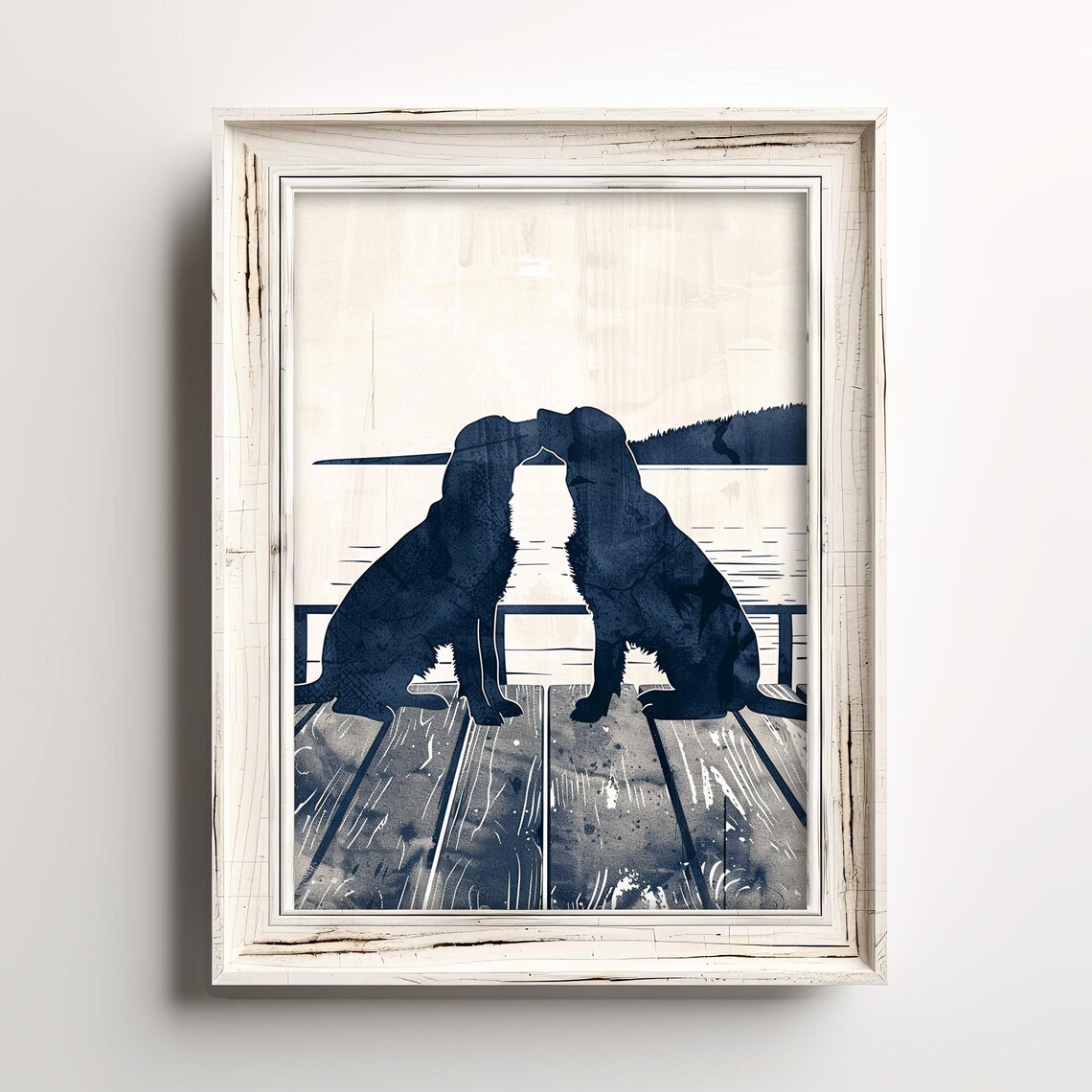 Two Dogs Kissing On Dock Navy Silhouette Watercolor Lake Dog Art Poster