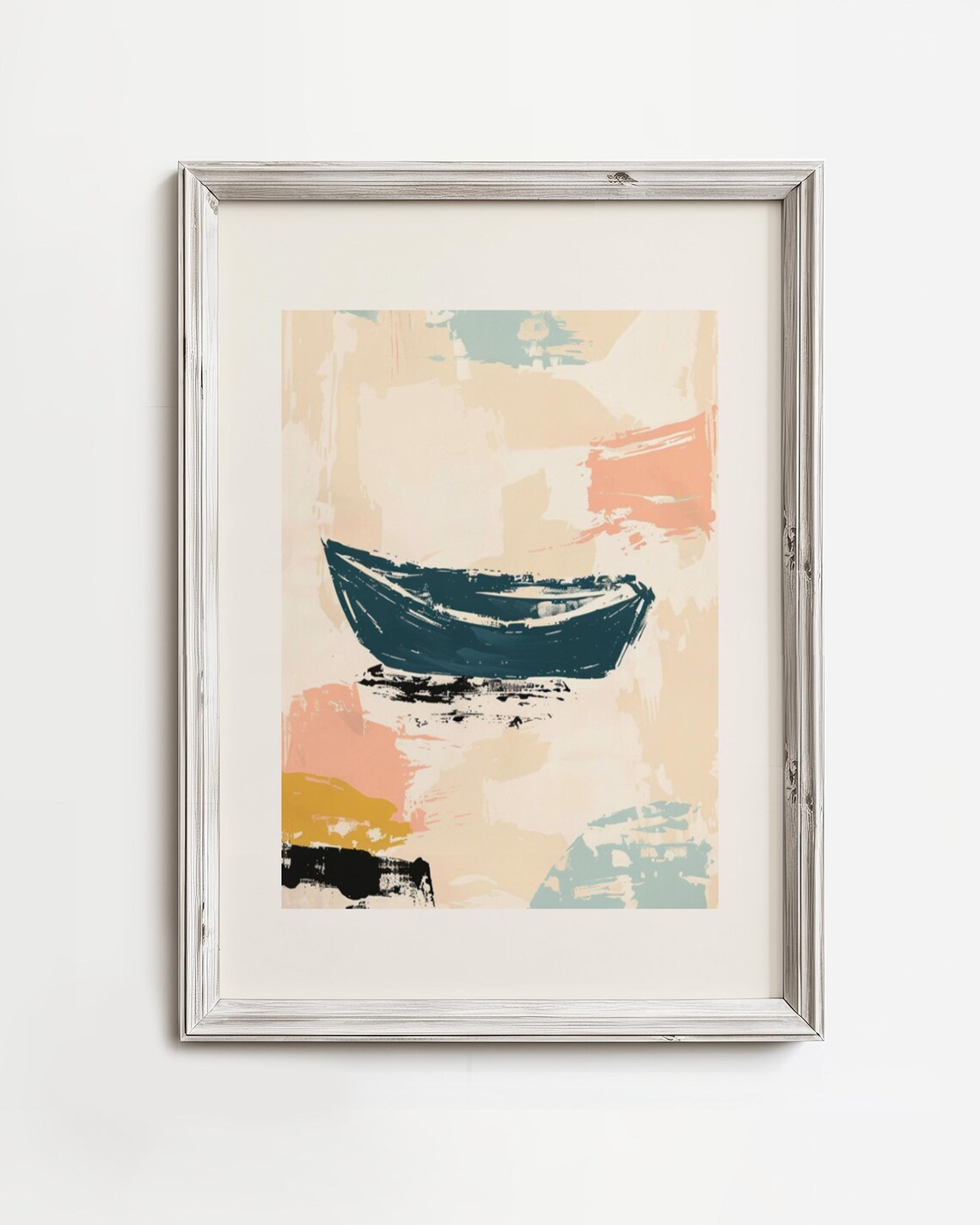 Abstract Coastal Boat Painting In Teal Navy Minimalist Nautical Art Print