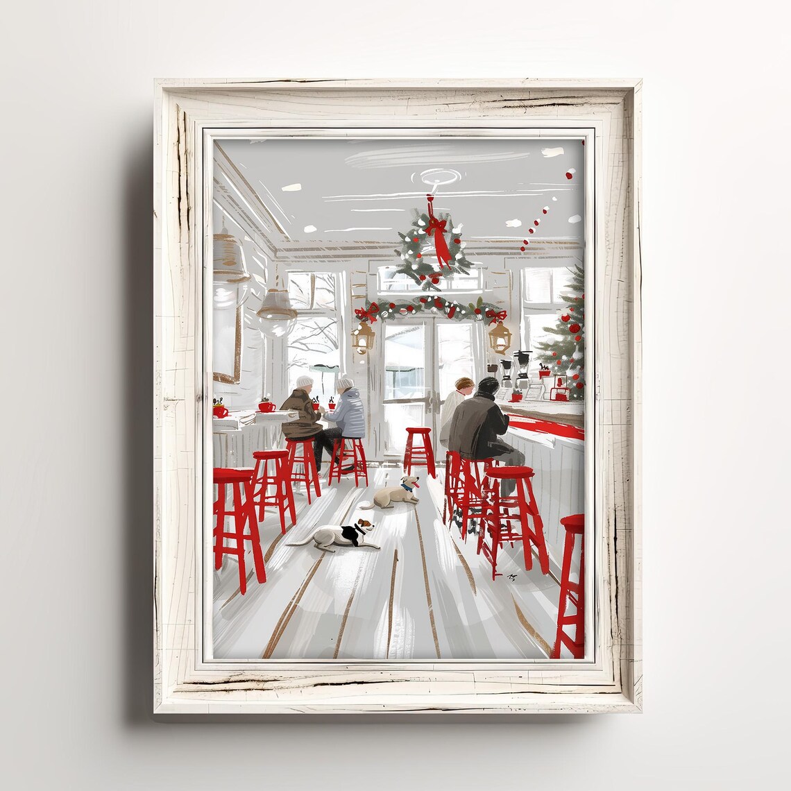 Happy Cafe Dogs Winter Coffee House Art Print
