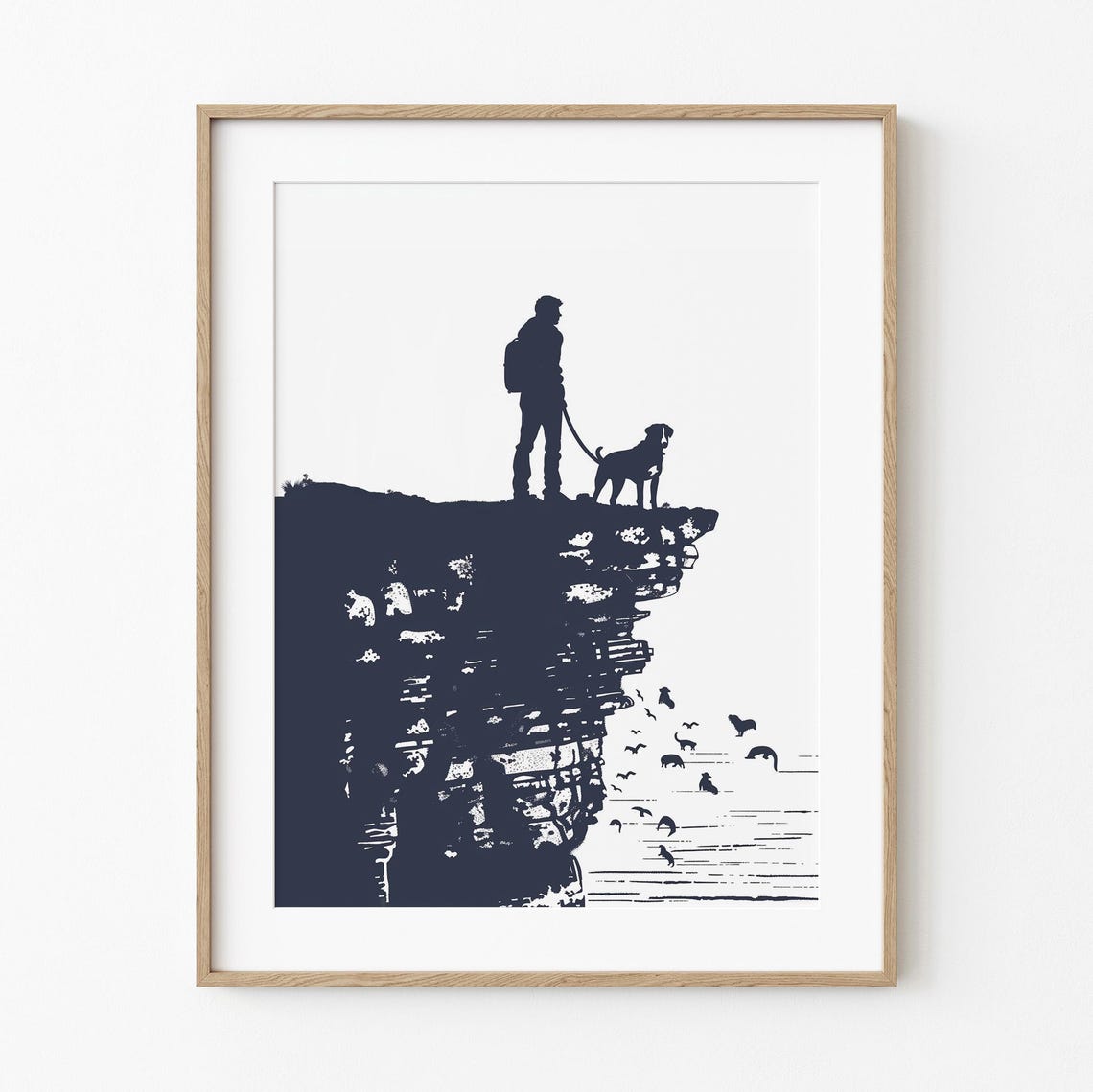 Dad And Dog Coastal Cliff Silhouette Navy Blue Sketch Poster