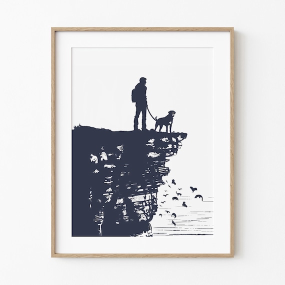 Dad And Dog Coastal Cliff Silhouette Navy Blue Sketch Poster