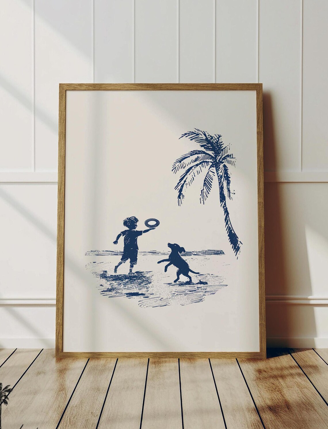 Boy Puppy Play Frisbee Vintage Coastal Art Print