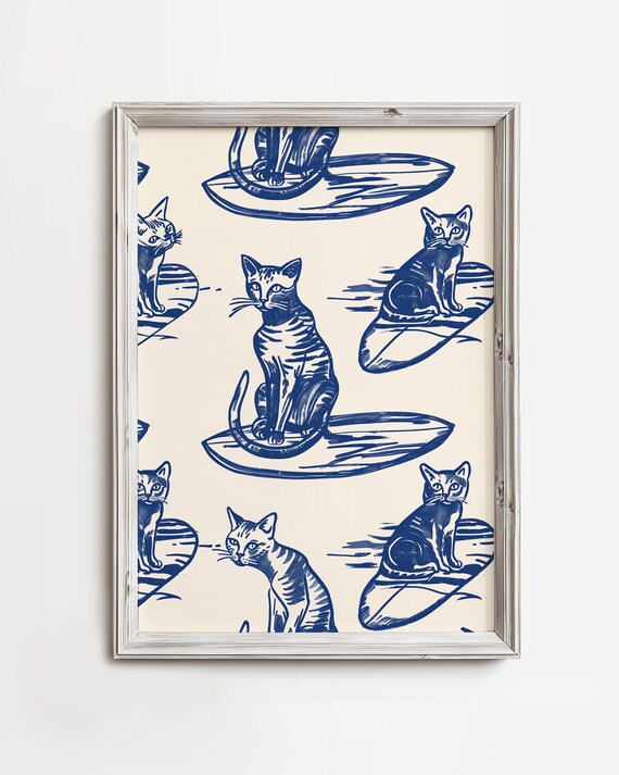 Navy Blue Cats on Surfboards Playful Line Pattern Beach Art Print
