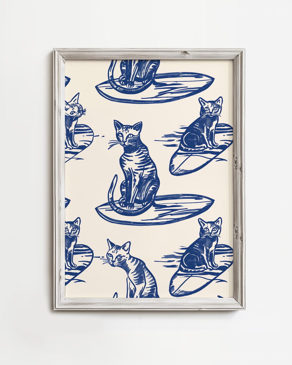 Navy Blue Cats on Surfboards Playful Line Pattern Beach Art Print