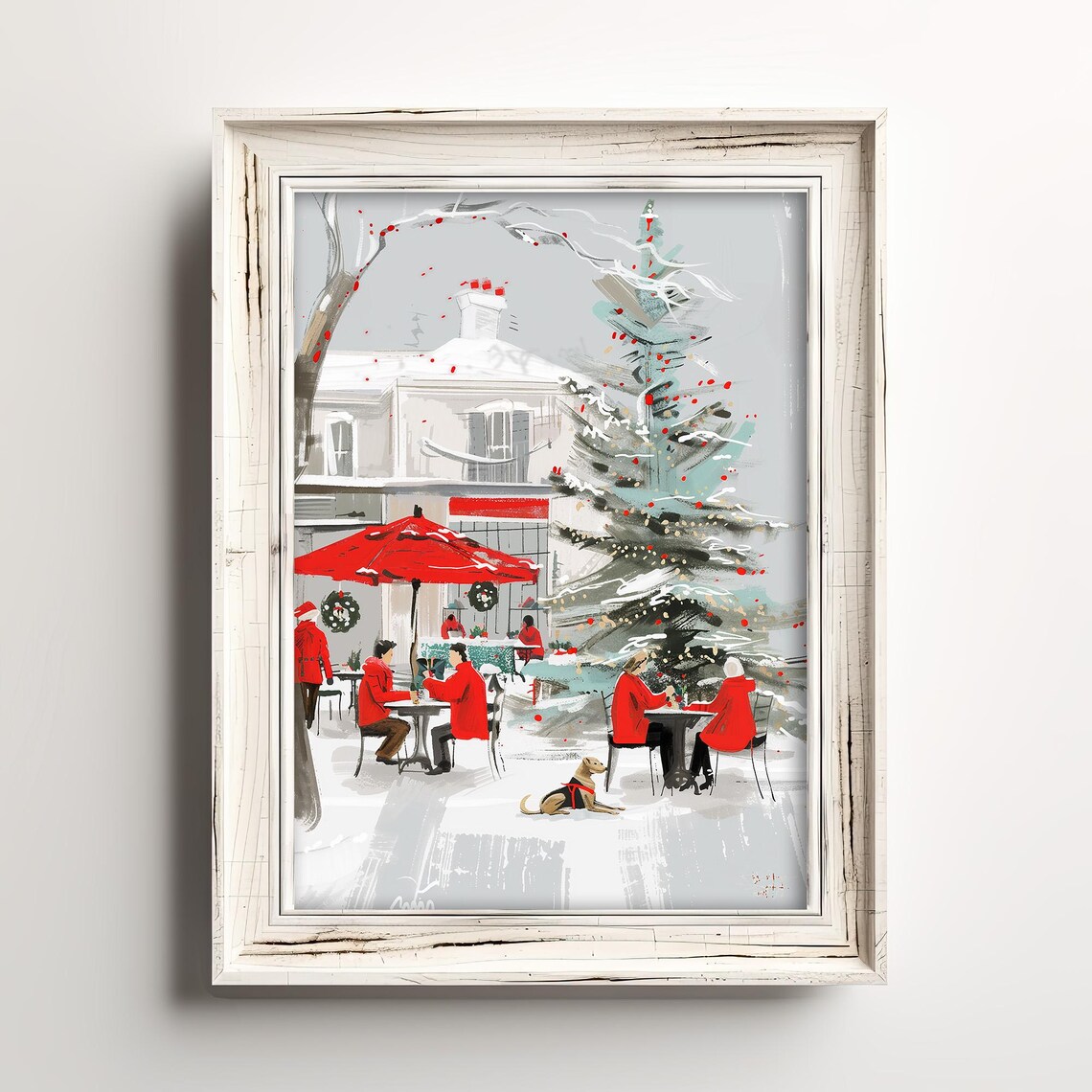 Snowy Christmas Cafe Watercolor With Red Coats And Decorated Tree Poster