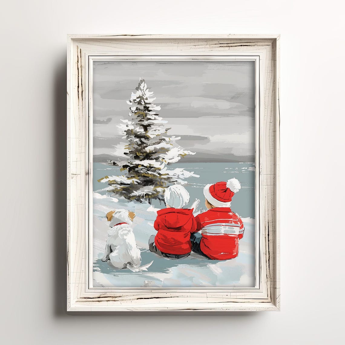 Two Boys And Dog By Snowy Tree Poster With Vintage Winter Art