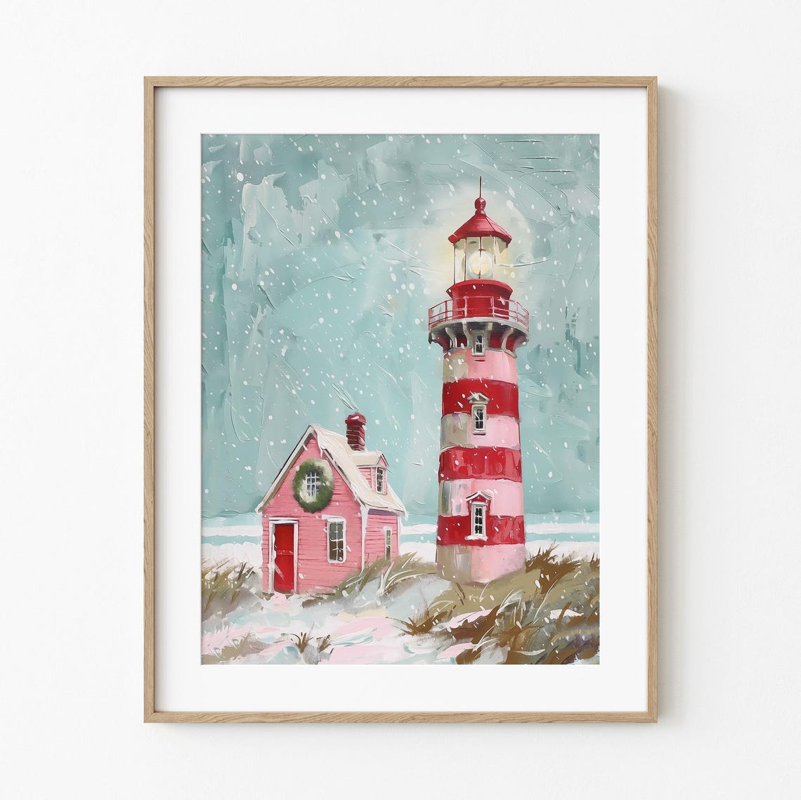 Pink Christmas Lighthouse Snowy Coastal Winter Whimsical Poster
