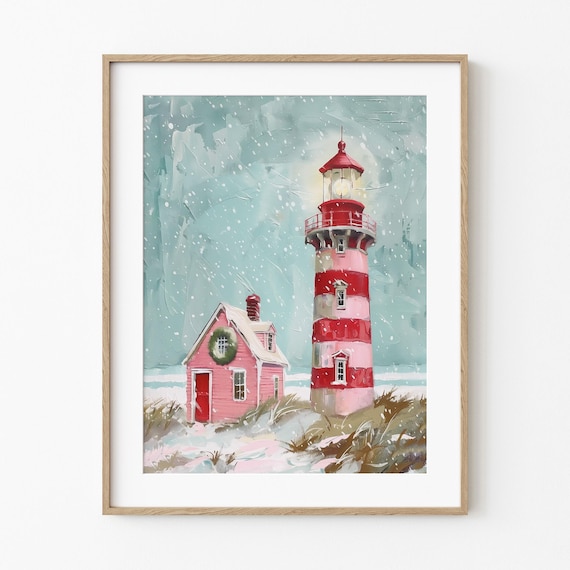 Pink Christmas Lighthouse Snowy Coastal Winter Whimsical Poster